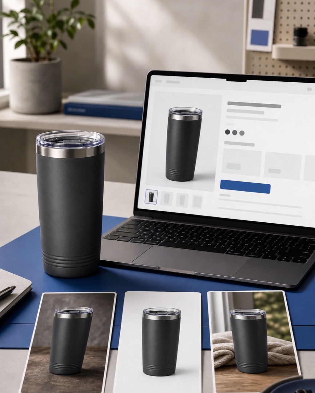 Graphite tumbler beside an ecommerce listing editor and three coordinated product image variations