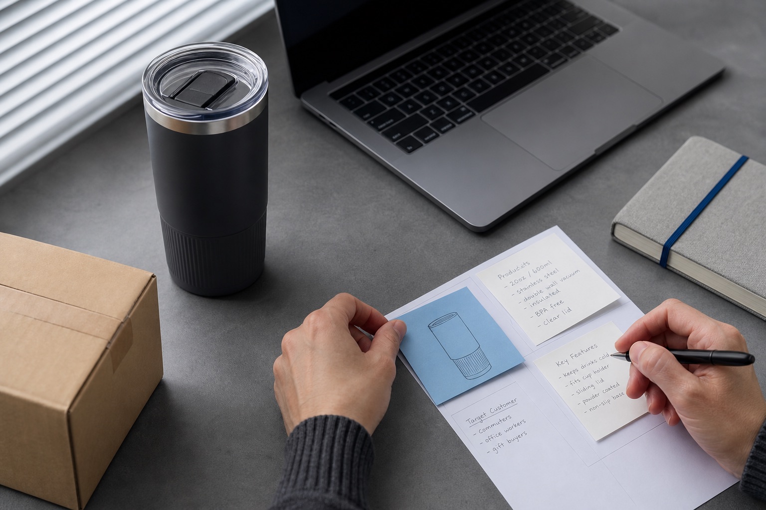 Seller organizing product notes beside a graphite tumbler and laptop